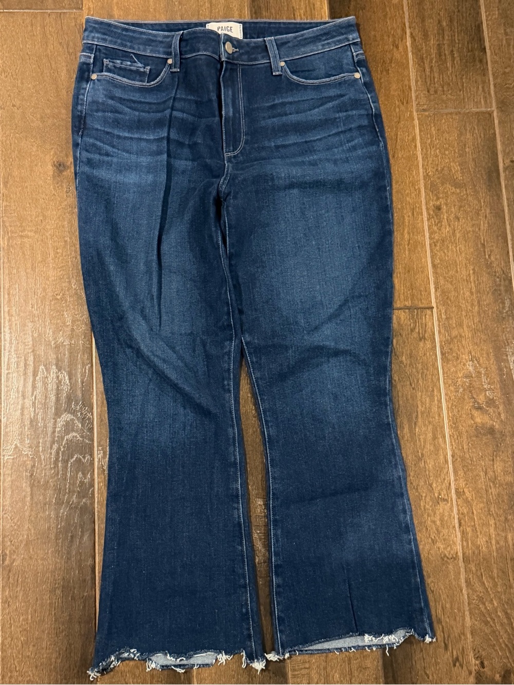 PAIGE Women's Dark Indigo Frayed-Hem Wide Leg Jeans